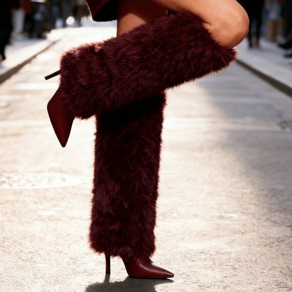 Burgundy Women's Knee High Fuzzy Faux Fur Stiletto heeled Boots - Picture 4 of 8